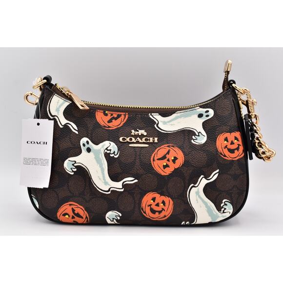 Coach Teri Shoulder Bag In Signature Canvas Pumpkin Halloween Print CCE71 NWT - Picture 1 of 16